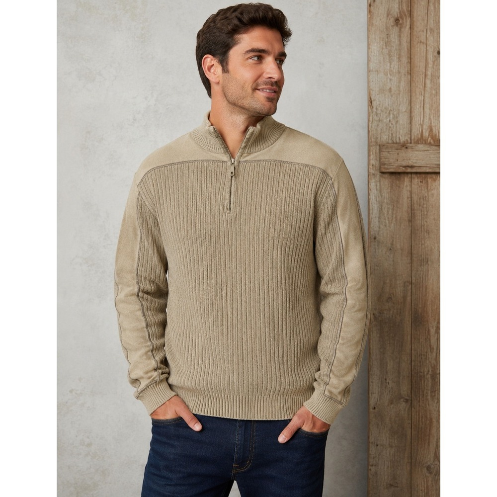 BKE Mens Ribbed‎ Quarter Zip Sweater Tan Khaki Cotton Blend Size Large L Casual